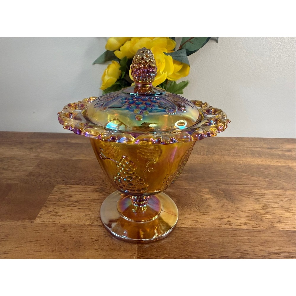 Vintage Indiana Glass Harvest Grape Carnival Glass Candy Dish Amber Compote